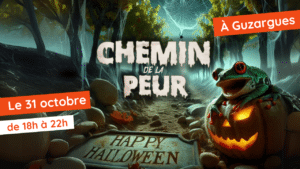Affiche promotionnelle pour l'événement "Chemin de la Peur" se déroulant le jeudi 31 octobre de 18h à 22h. L'image montre un chemin de vignes sombres sous une atmosphère inquiétante avec des toiles d'araignée suspendues. Au premier plan, une rainette assise sur une citrouille creusée, illuminée comme une lanterne, avec un tapis marqué "Happy Halloween".